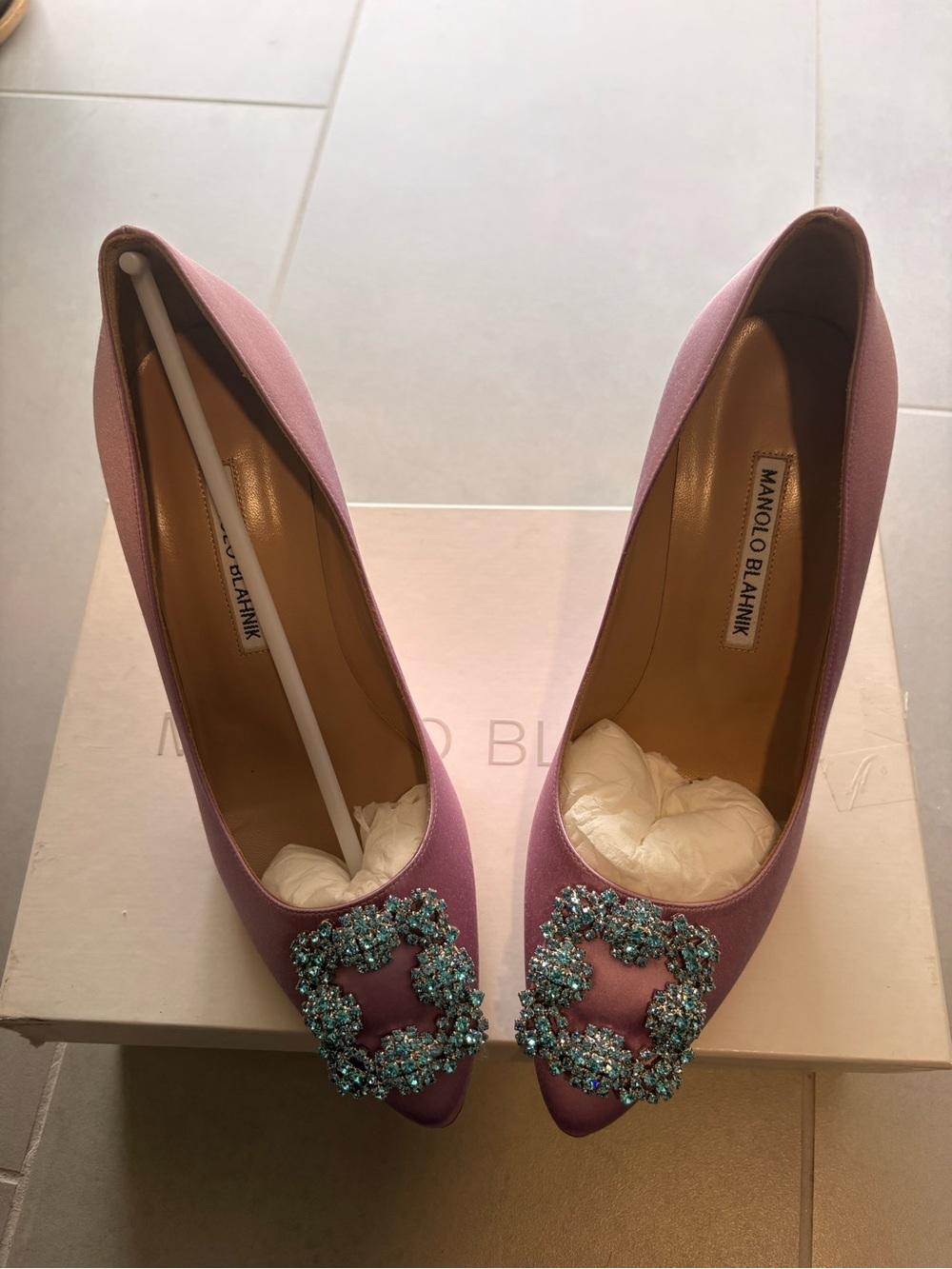 Manolo Blahnik Purple Satin Crystal-Embellished Pumps - Picture 7 of 8